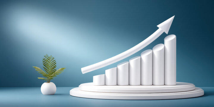 Stable financial growth chart with rising white bar graph and upward arrow showing success
