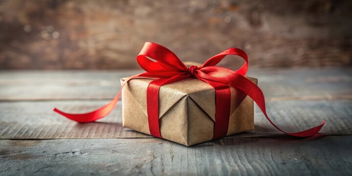 A thoughtfully wrapped gift, tied with a vibrant red ribbon, rests on a rustic wooden surface, conveying a message of celebration and warmth.