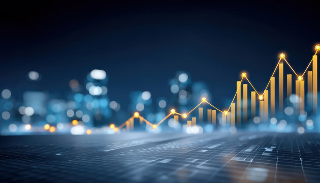 Stable financial city skyline with rising gold graph line showing economic growth and optimism - Powered by Adobe