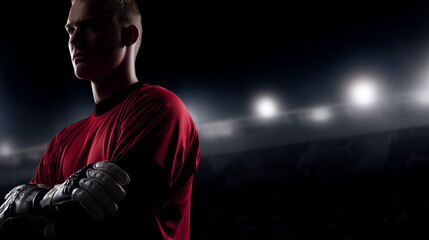 Dynamic football goalkeeper in action, captured with dramatic lighting and energetic presence. event key visuals, club posters, designed for fitness apps and gym onboarding.