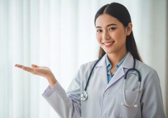 Smiling female doctor with stethoscope presenting something isolated on white background
