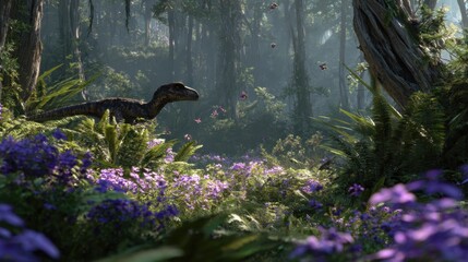 Dinosaurs in a lush prehistoric jungle with vibrant flowers and flying butterflies