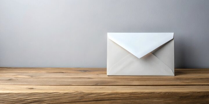 A pristine off-white envelope rests on a rustic wooden surface against a muted grey wall, symbolizing a message waiting to be read
