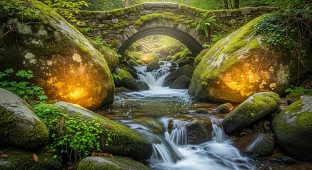 Discover a magical forest scene with sunlit mossy rocks and a timeless stone bridge over a flowing stream, perfect for travel and nature inspiration