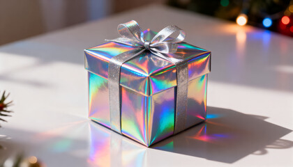 Holiday gift box with holographic texture reflecting rainbow lights. Trendy modern design.