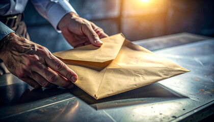Envelope Delivery: A close-up shot captures the precise moment a hand delicately delivers a sealed envelope.