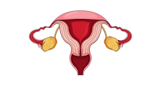 Female reproductive system cartoon animation. Uterus with fallopian tubes and ovaries in motion. Women health. Gynecological internal organ animated flat 2D object 4K video isolated on white