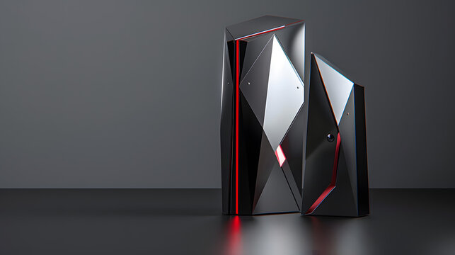 Modern gaming pc hardware design features sleek angles and vibrant red accents, perfect for tech enthusiasts and cutting edge computing solutions