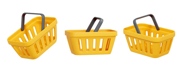 3D render of three yellow shopping baskets with gray handles isolated on white background