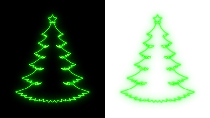 Glowing green neon Christmas tree outline on black and transparent backgrounds for festive holiday designs and modern digital artwork