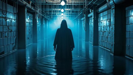 Silhouetted hooded figure walks through foggy industrial corridor lit by cold blue lamps, metallic pipes fading in depth. Cybercrime thriller atmosphere