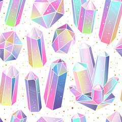 Seamless pattern with colorful bright transparent fairytale crystals gems. Rainbow multicolored gem stones. Mystic witchy background. Mineral, quartz, magical stones.