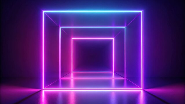 Abstract Neon Glowing Square Tunnel with Vibrant Purple and Blue Light Effects - Powered by Adobe