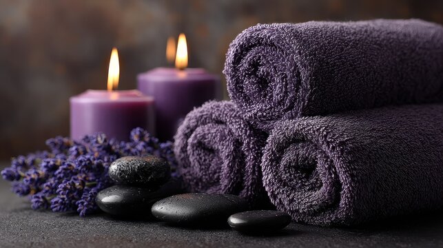 Purple rolled towels with candles and black stones for spa treatment on dark surface - Powered by Adobe