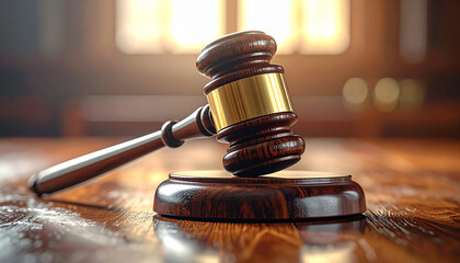 Gavel on Desk: A close-up view of a wooden gavel and its sound block resting on a polished wooden desk, evoking a sense of legal authority.