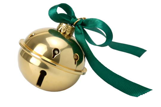 A classic golden jingle bell, adorned with an elegant green ribbon bow, isolated on a clean white background as a festive Christmas ornament