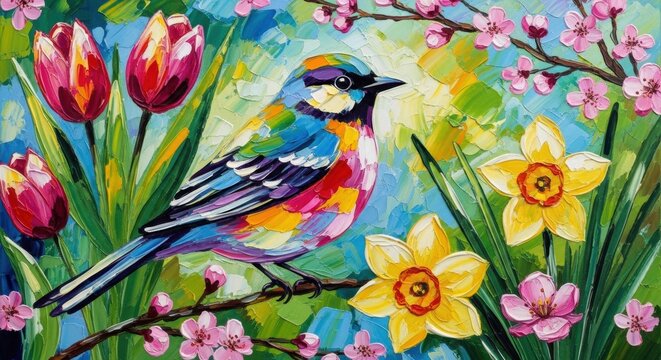 Vibrant Spring Bird Amidst Colorful Blossoms and Flowers, Oil Painting, Nature, Wildlife, Art
