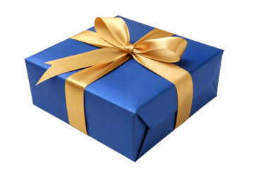 An elegant square blue gift box, carefully wrapped and tied with a luxurious shiny gold satin ribbon and bow, isolated on a clean white background for a special celebration