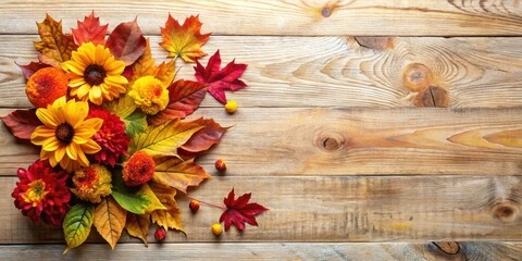 Fototapeta premium Autumnal arrangement of vibrant sunflowers, dahlias, and maple leaves on rustic wooden background