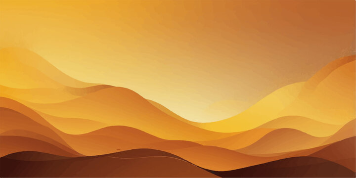 Abstract vector illustration of a desert landscape at sunset with orange sky, red sun, and mountain silhouettes on the horizon