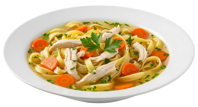 Hearty chicken noodle soup with shredded chicken and sliced carrots in a white bowl isolated on a transparent background