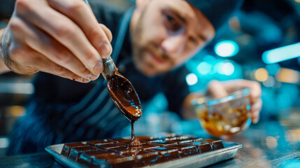 Professional chef pouring warm melted chocolate over prepared dessert pieces in a kitchen setting