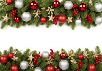 Christmas garland with ornaments isolated on white background