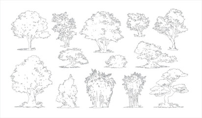 Collection of diverse tree and bush line art illustrations with varied shapes and sizes on a white background