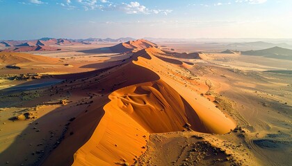 A vast desert landscape featuring dramatic, sun-drenched sand dunes stretching towards the horizon under a bright blue sky.