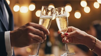 Couple toasting with glasses of champagne. Close-up of hands clinking flutes at a festive event. Celebration, success, and romance concept - Powered by Adobe