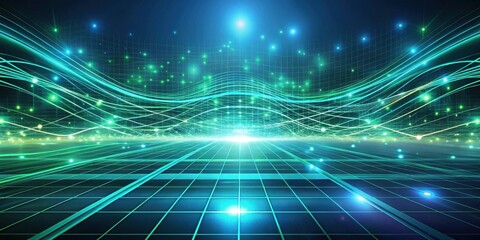 Abstract Digital Landscape A Futuristic Gridded Plane with Flowing Energy Lines and Glowing Particles