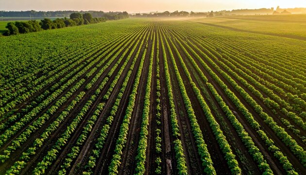 An aerial view captures a vast agricultural field with meticulously planted rows of green crops stretching towards a hazy horizon at sunrise.