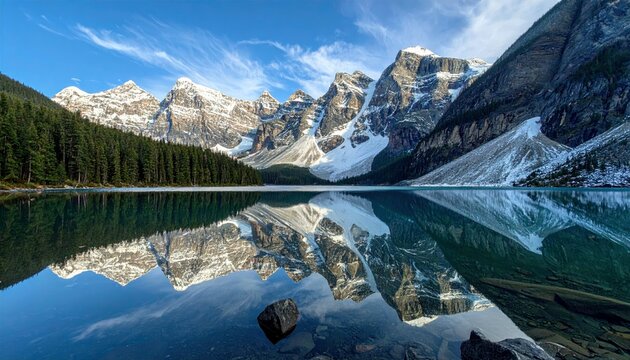A serene mountain landscape featuring snow-covered peaks, a reflective lake, and a lush green forest under a vibrant blue sky.