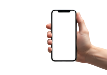 Human hand holding a modern smartphone with a blank white screen isolated on a transparent background 2