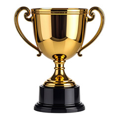Shiny gold trophy cup on a black base, a symbol of victory and success. Isolated on transparent background.