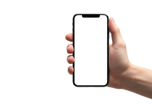 Human hand holding a modern smartphone with a blank white screen isolated on a transparent background 2