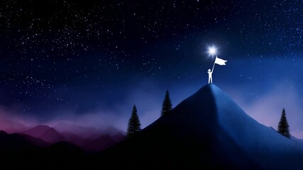 A lone figure stands triumphantly atop a mountain peak beneath a star-filled sky, holding a flag with determination and pride, symbolizing achievement and dreams in a serene and captivating landscape.
