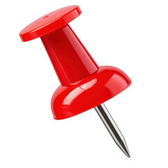 Shiny red plastic push pin or thumbtack, an office supply for a bulletin board. Isolated on transparent background