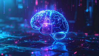 Brain Security Concept: A glowing representation of the human brain, encircled by digital pathways, is shielded by a prominent lock, visually representing data protection and intellect security.
