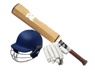 Classic Cricket Bat with Gloves and Helmet on Pitch PNG