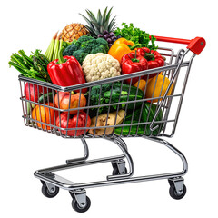 Shopping cart full of fresh vegetables, fruits and other healthy grocery food. Isolated on transparent background.