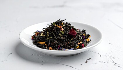 Dark Loose Leaf Tea Mix on White Plate with Marble Background Close Up Studio Shot, Tea Leaves with Flower Petals and Herbs Scattered around