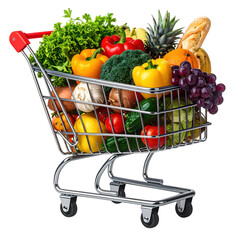 Shopping cart full of fresh vegetables, fruits and other healthy grocery food. Isolated on transparent background.