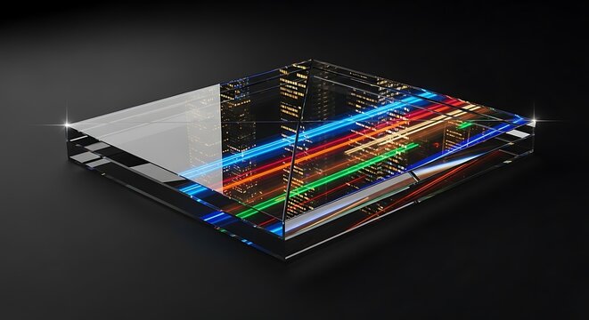 Abstract modern art sculpture with colorful neon lights reflecting on mirrored surfaces