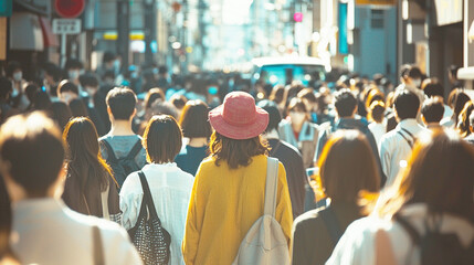 人混みの中にたたずむ女性 