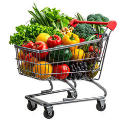 Shopping cart full of fresh vegetables, fruits and other healthy grocery food. Isolated on transparent background.