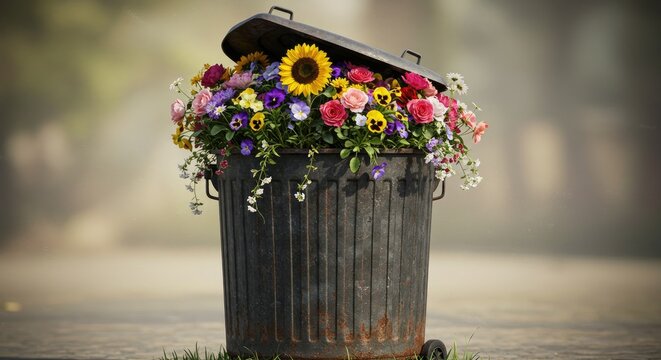 Flowers overfilling trash can symbolism and contrast
