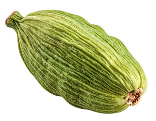 Single fresh green cardamom pod, whole aromatic spice, macro closeup. Isolated on transparent background