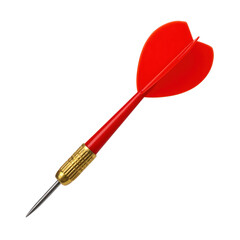Single red dart with brass barrel and sharp steel tip for playing darts game. Isolated on transparent background