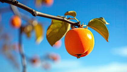 A single, bright orange persimmon fruit hangs from a dark branch, adorned with green leaves, set against a clear blue sky.
